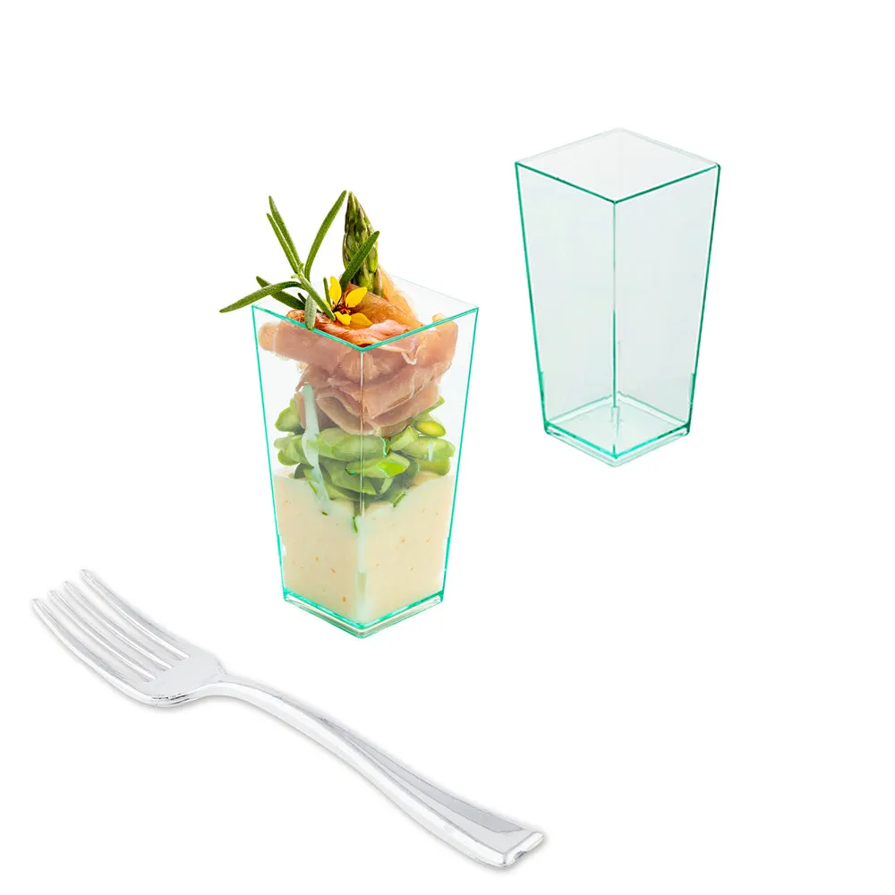 100 4 oz Square Seagreen Plastic Tall Geometric Cups and 100 Silver Plastic 4" Mini Forks