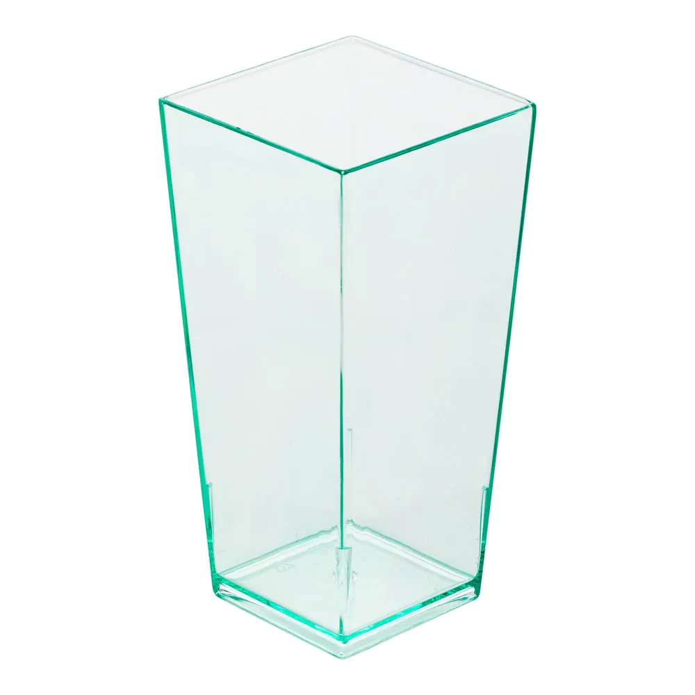 100 4 oz Square Seagreen Plastic Tall Geometric Cups and 100 Silver Plastic 4" Mini Forks