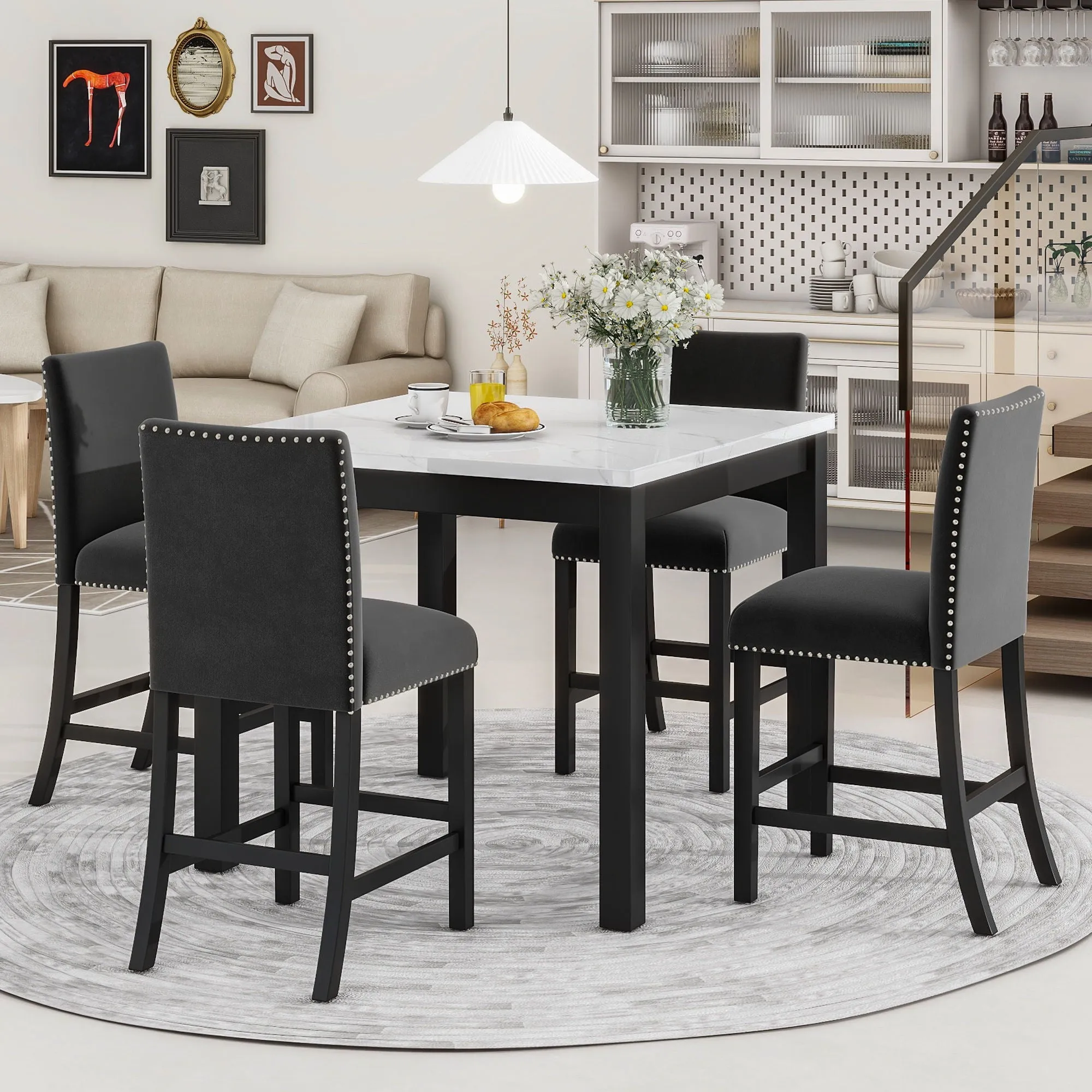 5-Piece Counter Height Dining Table Set With One Faux Marble Top Dining Table And Four Velvet Upholstered Chairs