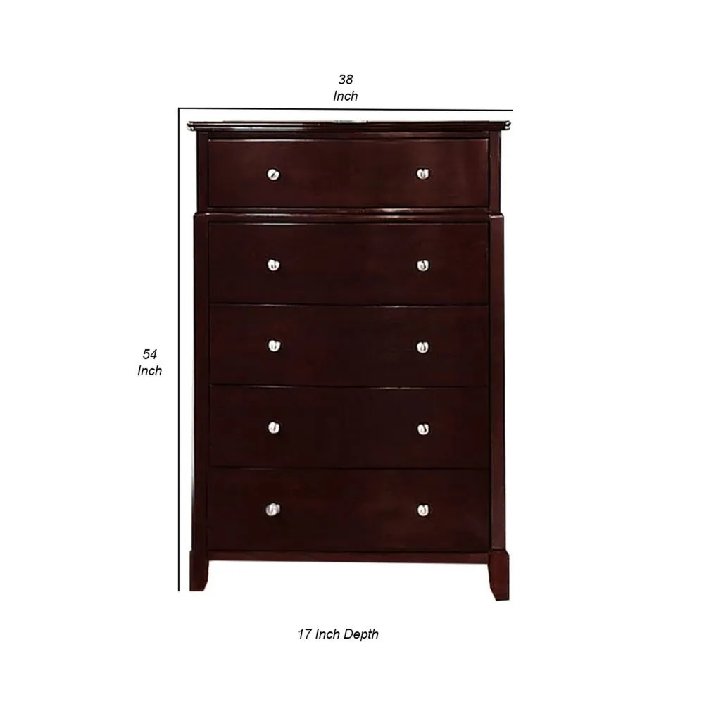 54 Inch Tall 5 Drawer Dresser Chest, Tapered Legs, Rich Classic Brown Wood By Casagear Home