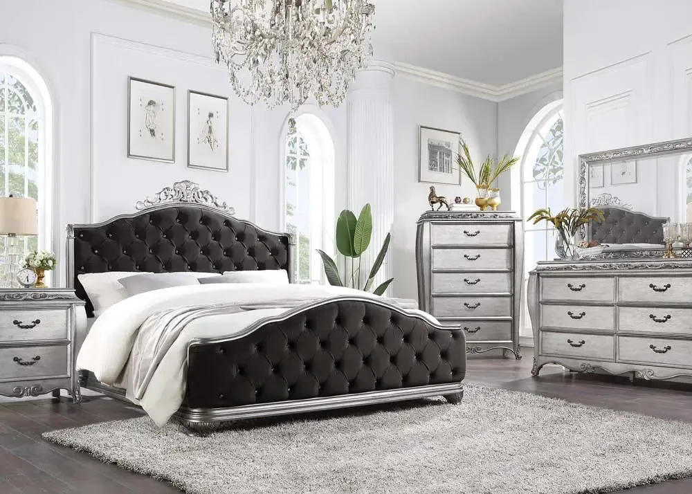 Addisyn California King Bed w/Tufted Headboard and Footboard, Fabric & Vintage Platinum