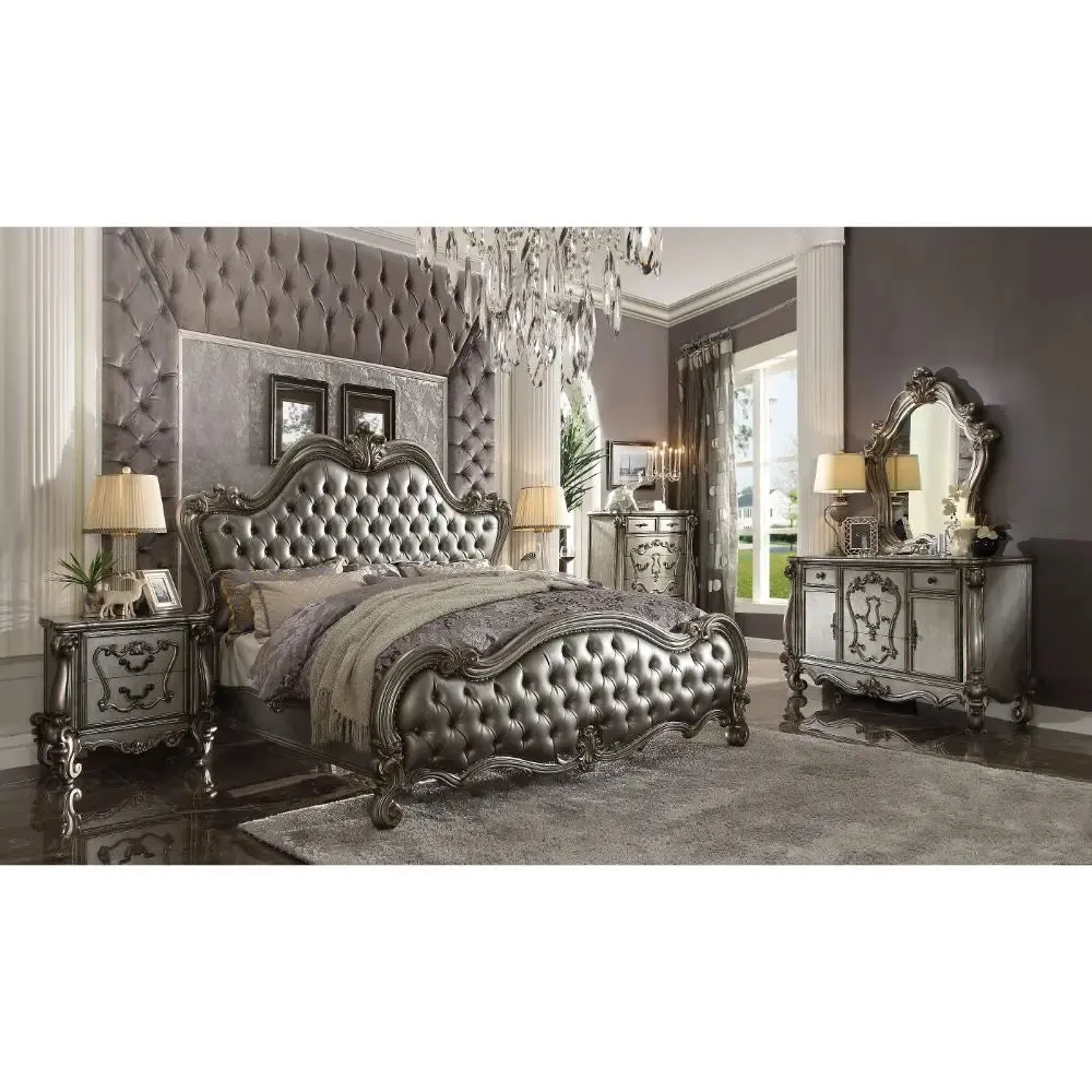 Albert King Bed, Silver Faux Leather & Antique Platinum