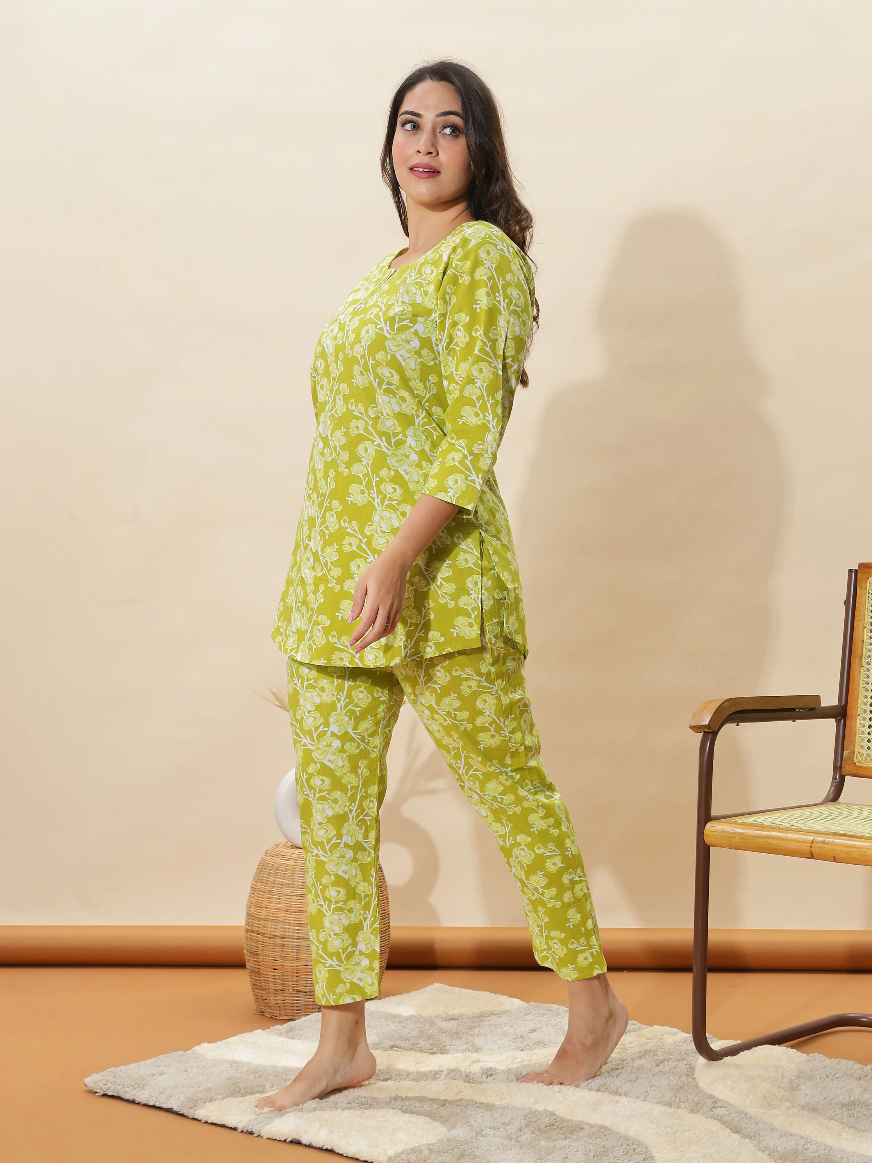 Apple Green Floral Cotton Pyjama Set for Women With Stylish & Comfortable