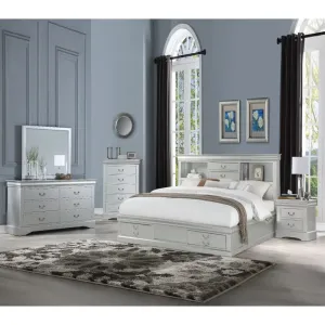 Araceli Queen Bed w/Bookcase Headboard and Storage Drawer, Platinum