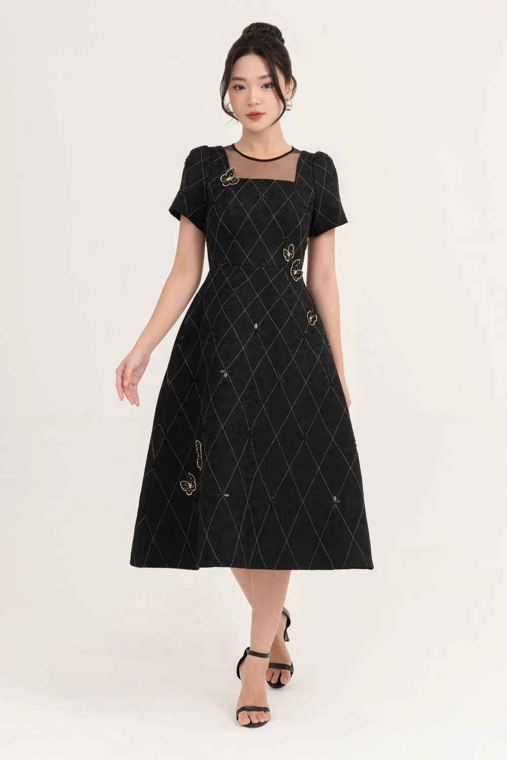 Azalea A-line Round Neck Brocade Midi Dress