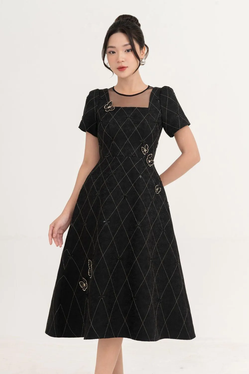 Azalea A-line Round Neck Brocade Midi Dress