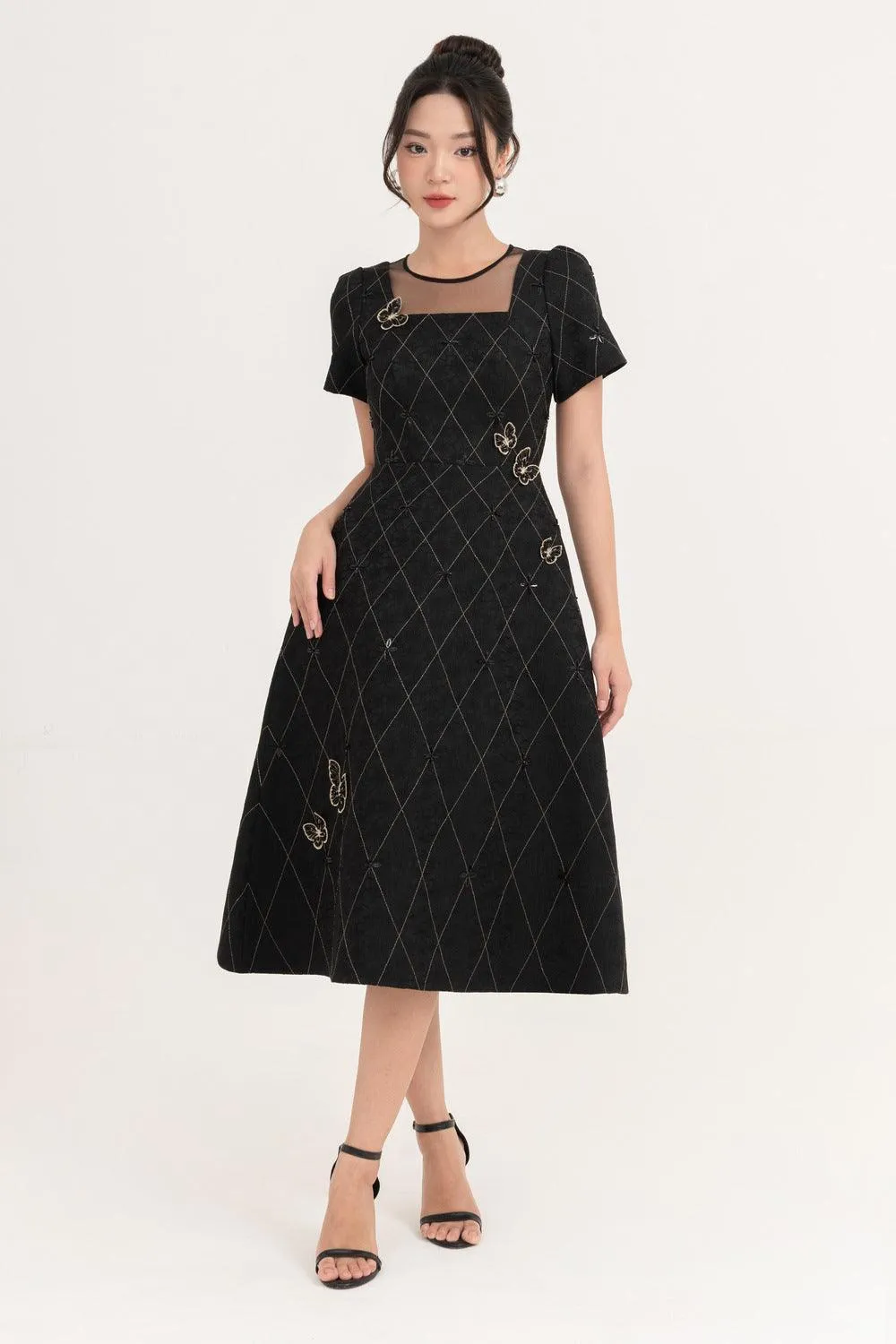 Azalea A-line Round Neck Brocade Midi Dress