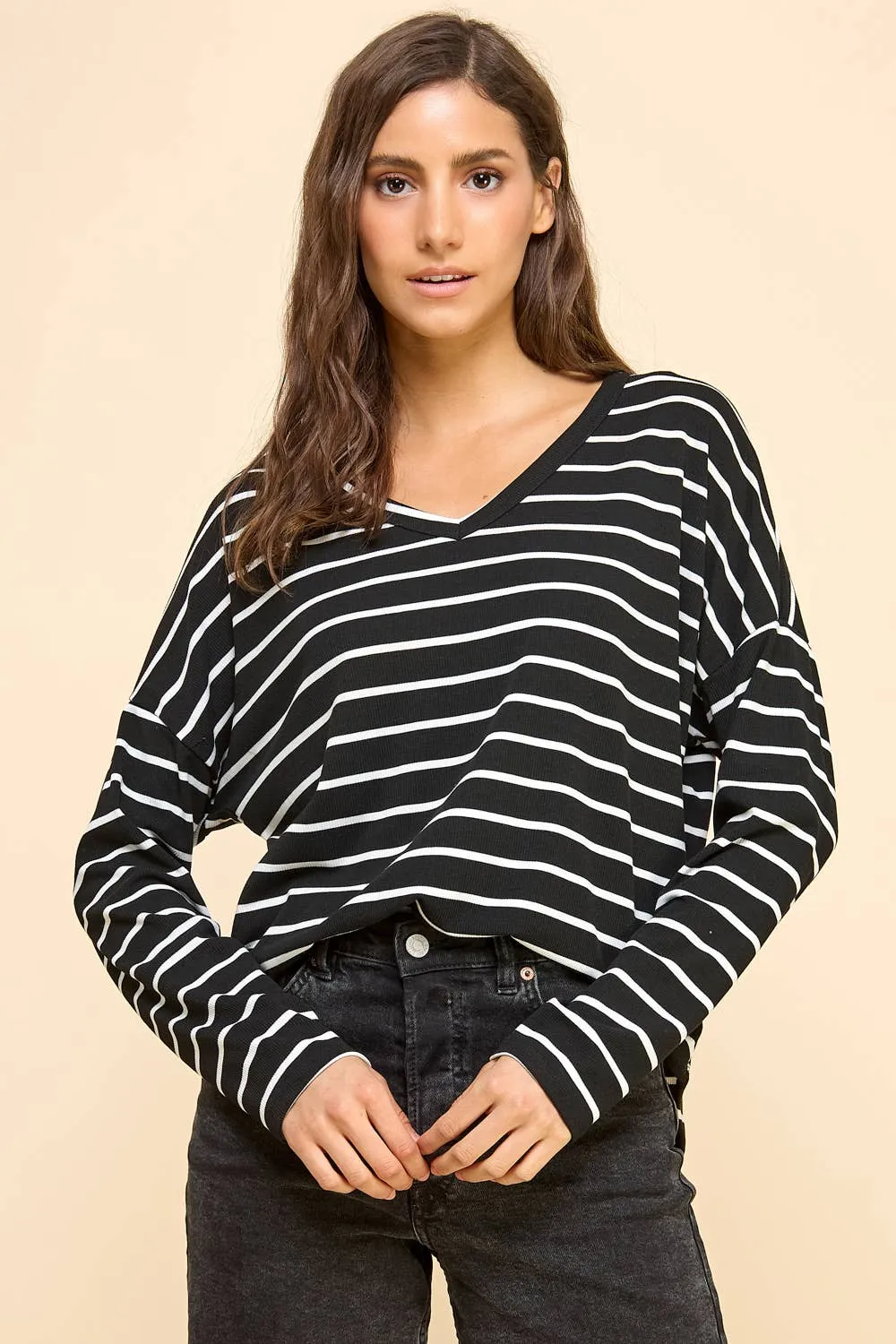 Basic Striped Top with V Neck and Long Sleeves