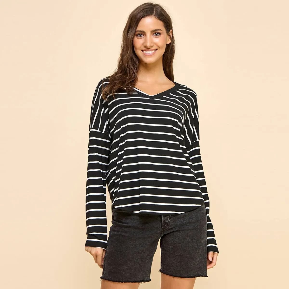 Basic Striped Top with V Neck and Long Sleeves