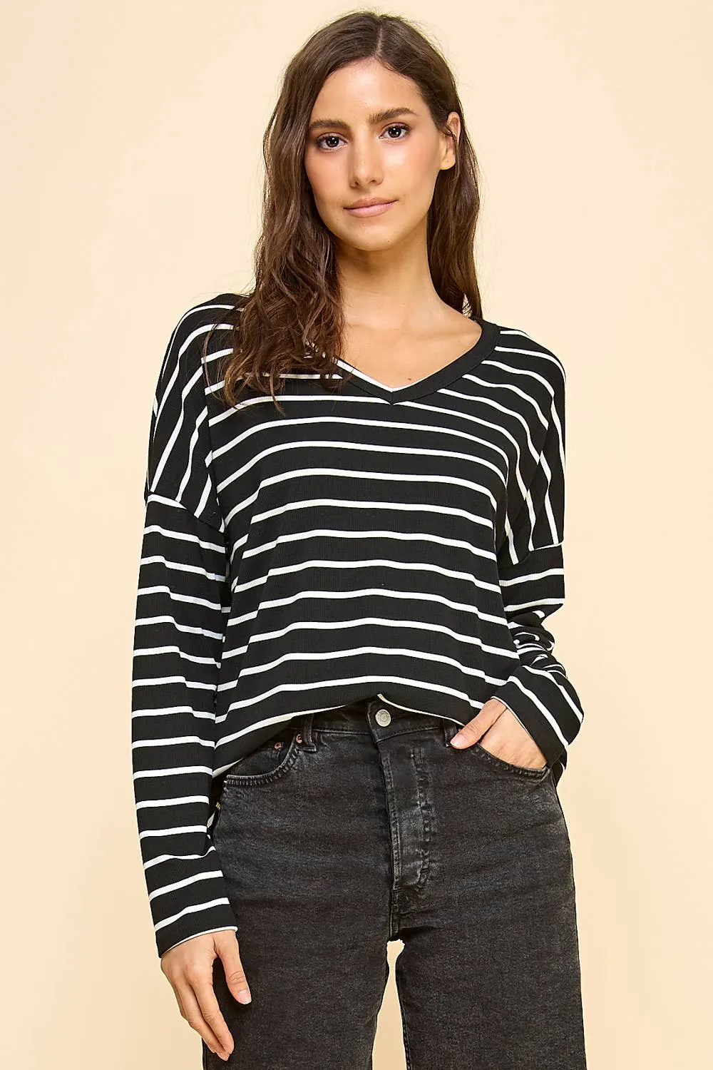 Basic Striped Top with V Neck and Long Sleeves