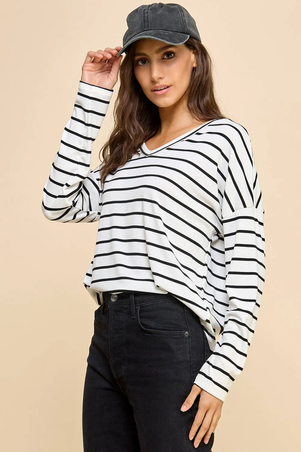 Basic Striped Top with V Neck and Long Sleeves