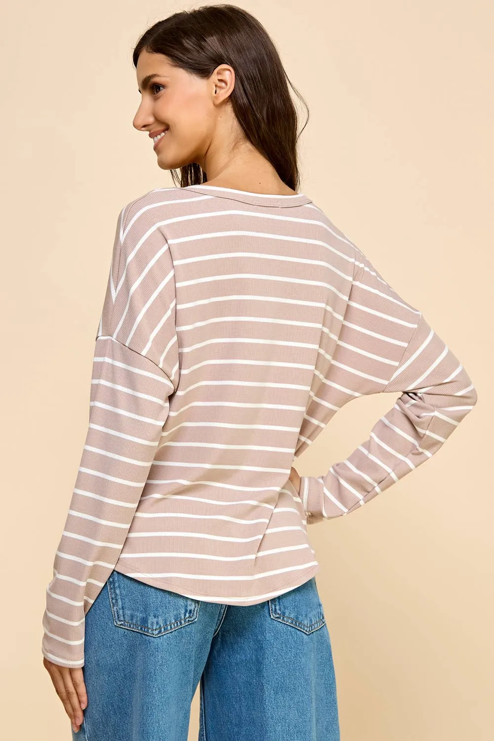 Basic Striped Top with V Neck and Long Sleeves