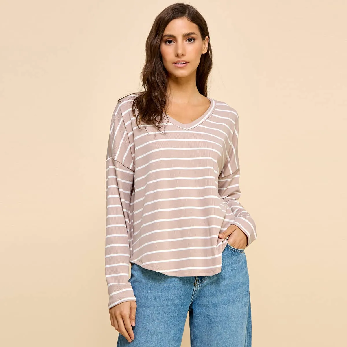 Basic Striped Top with V Neck and Long Sleeves