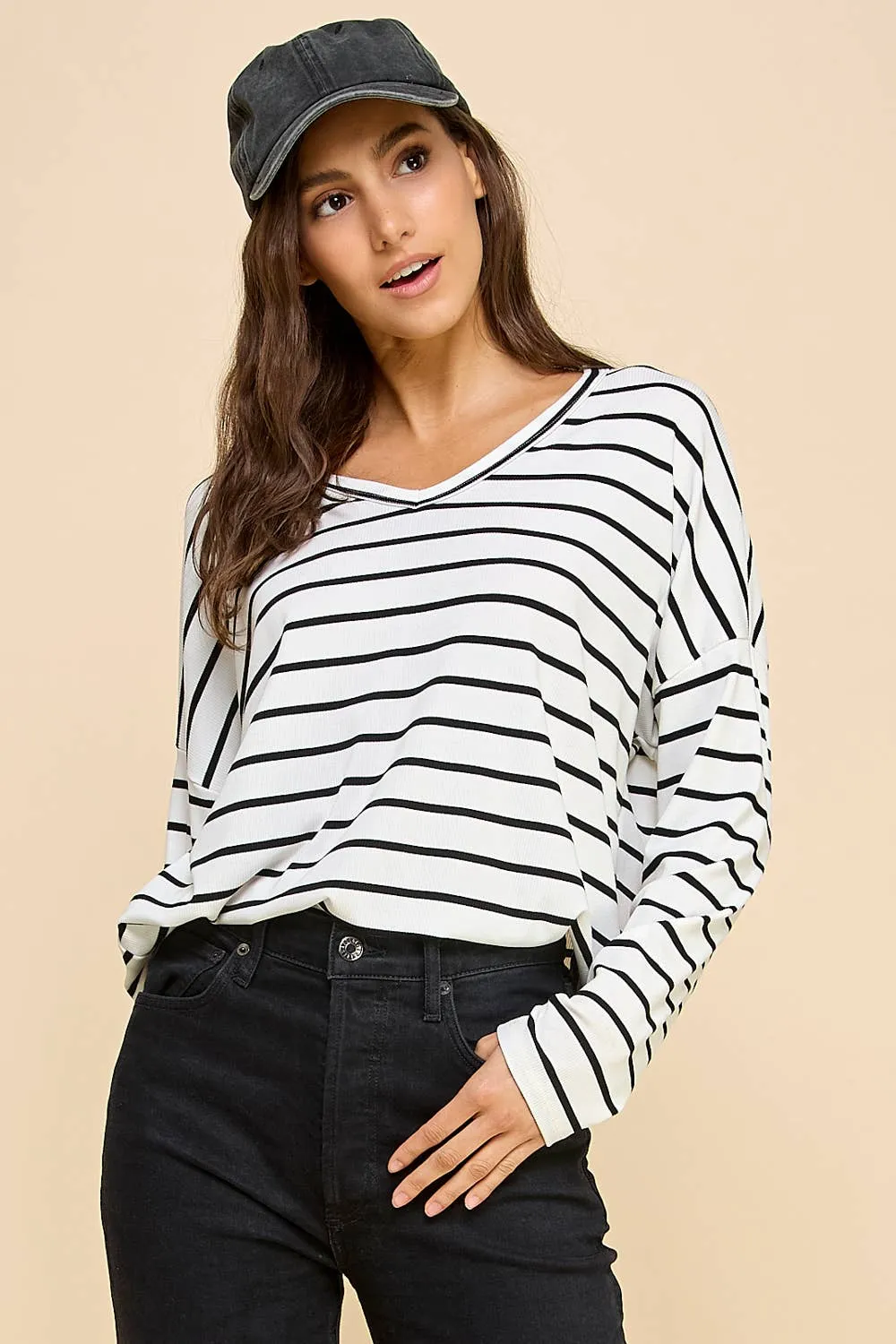 Basic Striped Top with V Neck and Long Sleeves