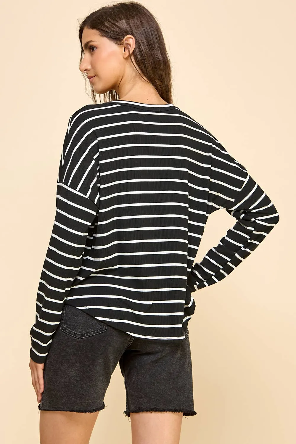 Basic Striped Top with V Neck and Long Sleeves