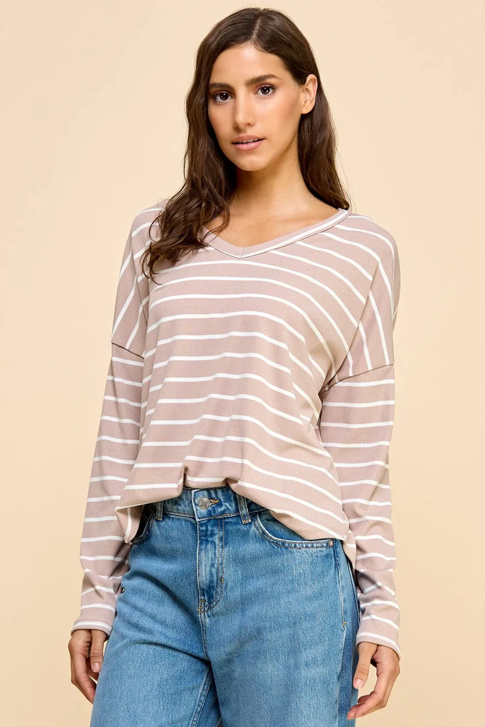 Basic Striped Top with V Neck and Long Sleeves