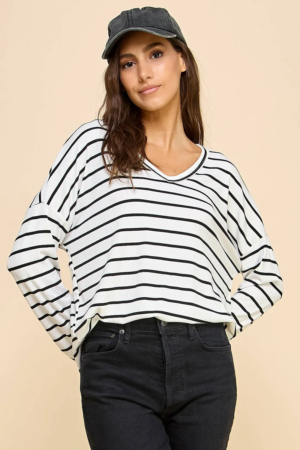 Basic Striped Top with V Neck and Long Sleeves