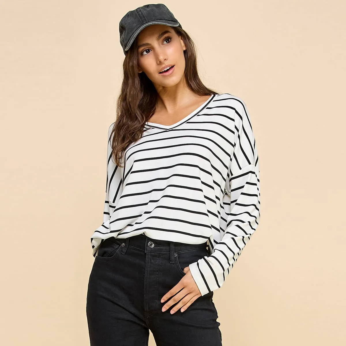 Basic Striped Top with V Neck and Long Sleeves