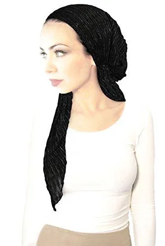 Black Boho Chic Pre-tied Head-Scarf Tichel Textured Breathable Knit Collection ShariRose (Black silver lurex long - sk02)