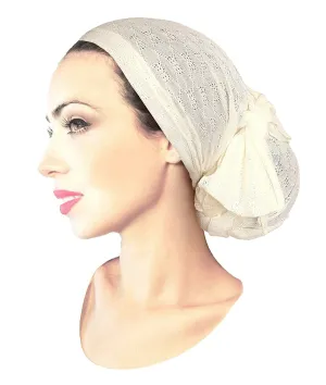 Boho Chic Pre-tied Head-Scarf Tichel Textured Breathable Knit Collection ShariRose (Cream long - sk04)