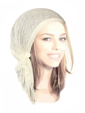 Boho Chic Pre-tied Head-Scarf Tichel Textured Breathable Knit Collection ShariRose (Cream short - sk05)