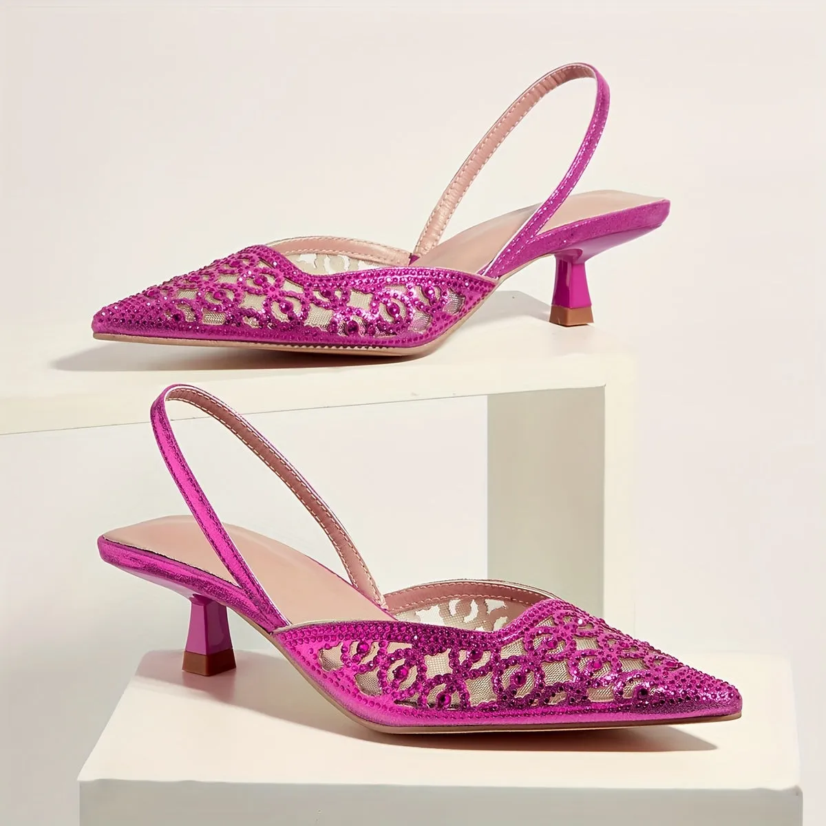 Chic & Comfortable All-Season Kitten Heels with Sparkling Rhinestones, Pointed Toe, and Breathable Mesh Design