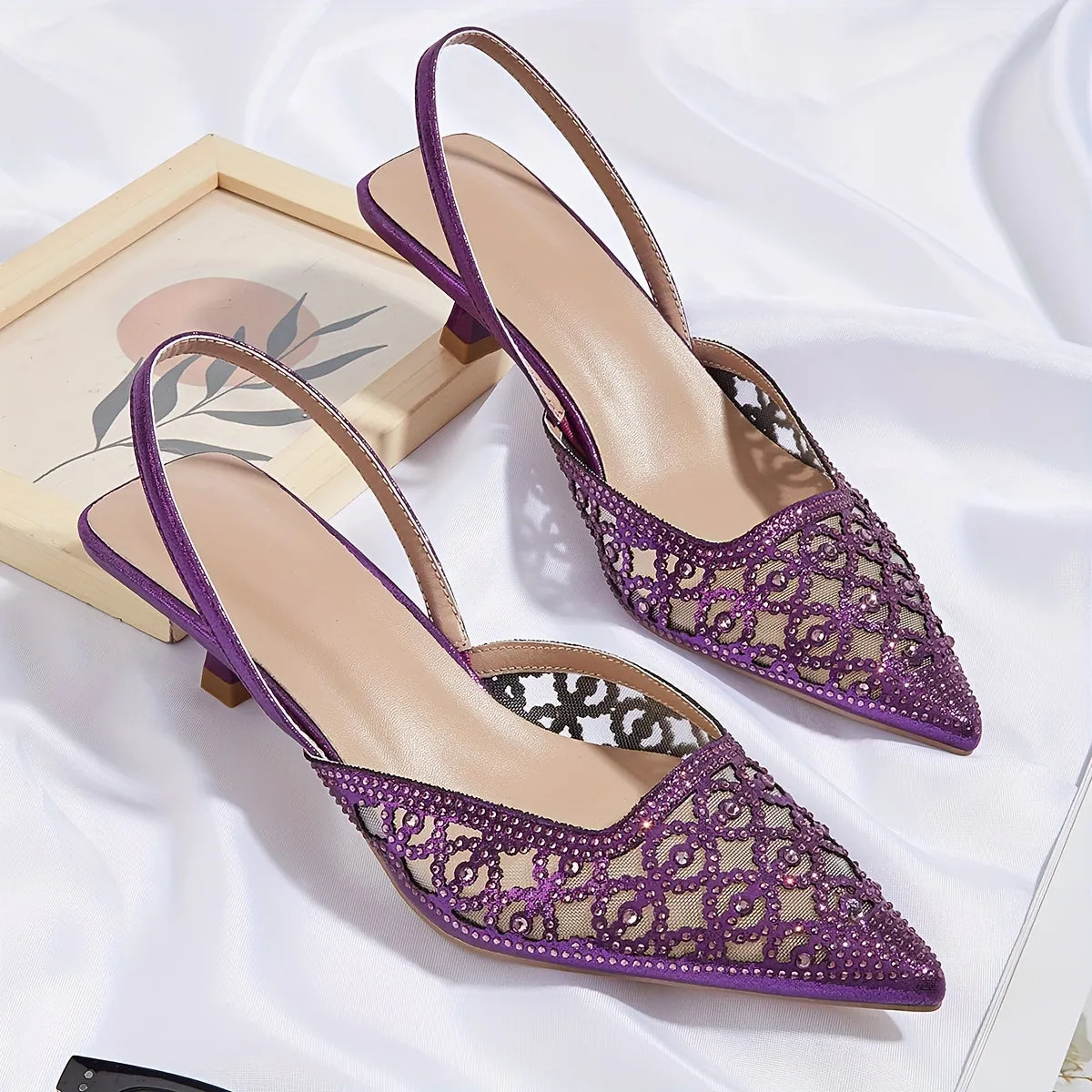 Chic & Comfortable All-Season Kitten Heels with Sparkling Rhinestones, Pointed Toe, and Breathable Mesh Design