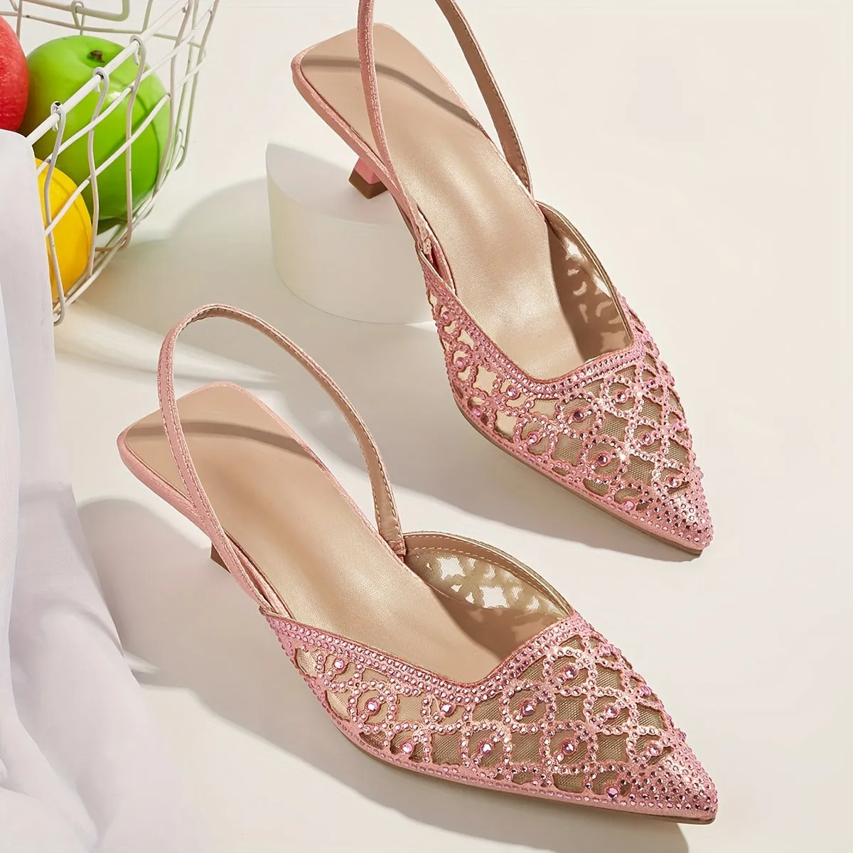 Chic & Comfortable All-Season Kitten Heels with Sparkling Rhinestones, Pointed Toe, and Breathable Mesh Design