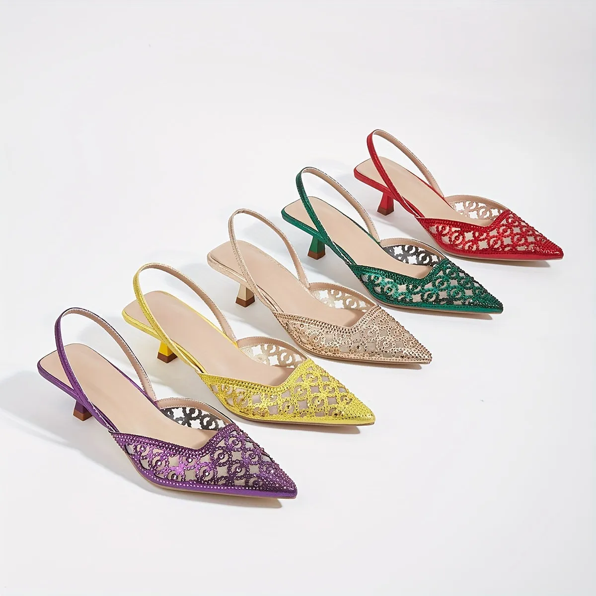 Chic & Comfortable All-Season Kitten Heels with Sparkling Rhinestones, Pointed Toe, and Breathable Mesh Design