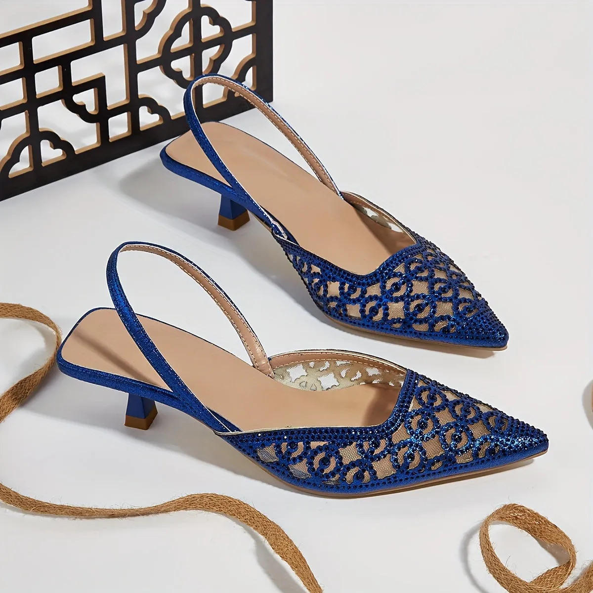 Chic & Comfortable All-Season Kitten Heels with Sparkling Rhinestones, Pointed Toe, and Breathable Mesh Design