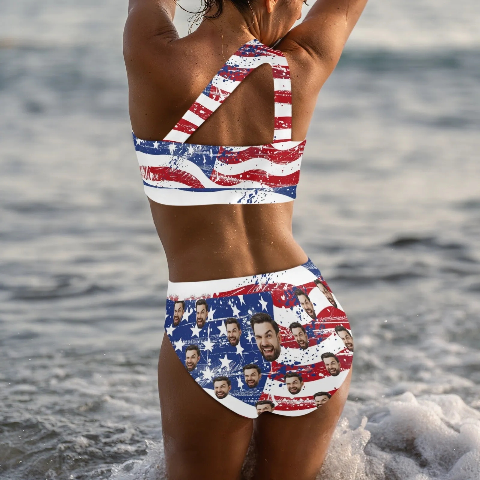 Custom Face American Flag Women's Off-Shoulder Bikini Set One Shoulder Cutout Bikini Set Two Piece Bathing Suit