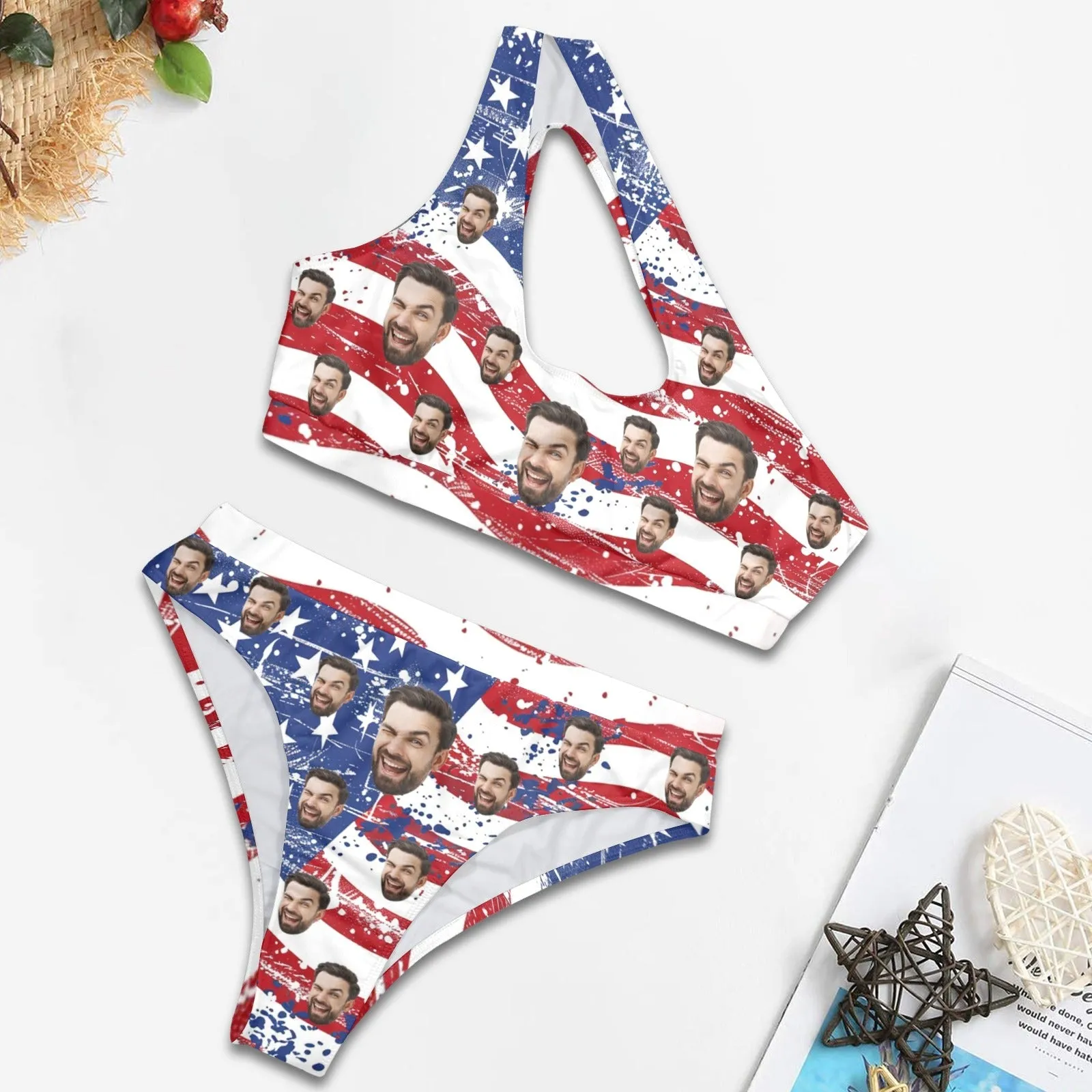 Custom Face American Flag Women's Off-Shoulder Bikini Set One Shoulder Cutout Bikini Set Two Piece Bathing Suit