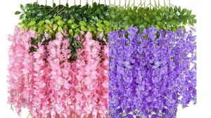 Deehome (Pack of 12) Artificial Hanging Wisteria Flower Vine| Hanging Silk Wisteria Orchid Flower Strings for Wedding Party, Garden Outdoor, Greenery, Wall Decoration (6 Pink   6 Purple=12 Pcs)