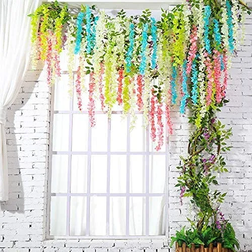 Deehome (Pack of 12) Artificial Hanging Wisteria Flower Vine| Hanging Silk Wisteria Orchid Flower Strings for Wedding Party, Garden Outdoor, Greenery, Wall Decoration (6 Pink   6 Purple=12 Pcs)