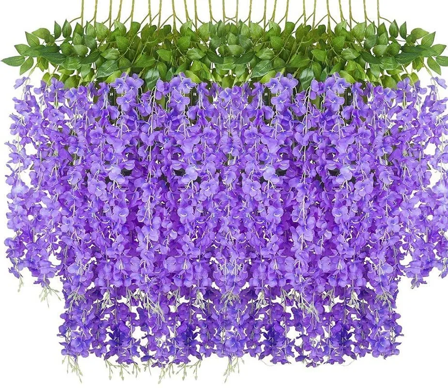 Deehome (Pack of 12) Artificial Hanging Wisteria Flower Vine| Hanging Silk Wisteria Orchid Flower Strings for Wedding Party, Garden Outdoor, Greenery, Wall Decoration (6 Pink   6 Purple=12 Pcs)