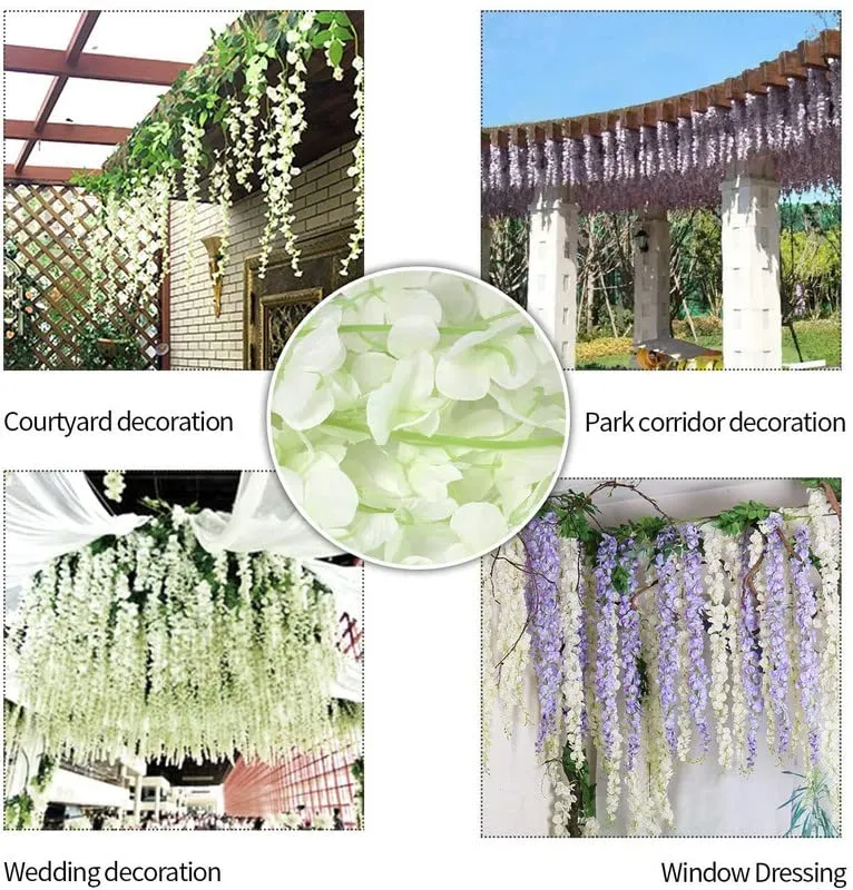 Deehome (Pack of 12) Artificial Hanging Wisteria Flower Vine| Hanging Silk Wisteria Orchid Flower Strings for Wedding Party, Garden Outdoor, Greenery, Wall Decoration (6 Pink   6 Purple=12 Pcs)