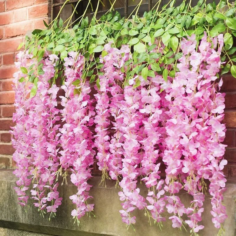 Deehome (Pack of 12) Artificial Hanging Wisteria Flower Vine| Hanging Silk Wisteria Orchid Flower Strings for Wedding Party, Garden Outdoor, Greenery, Wall Decoration (6 Pink   6 Purple=12 Pcs)