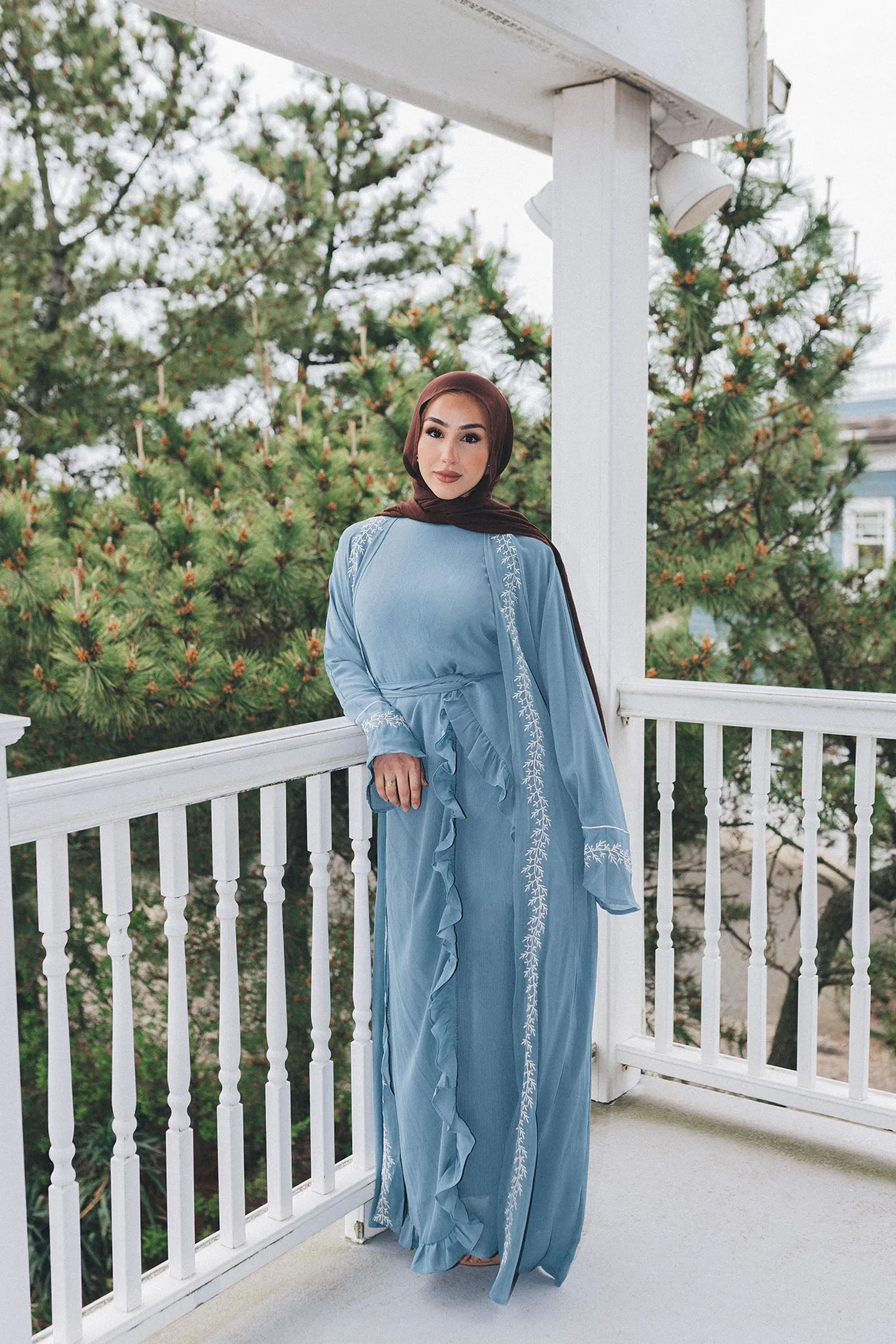 Dina Embroidery Abaya Set- Dusty Blue