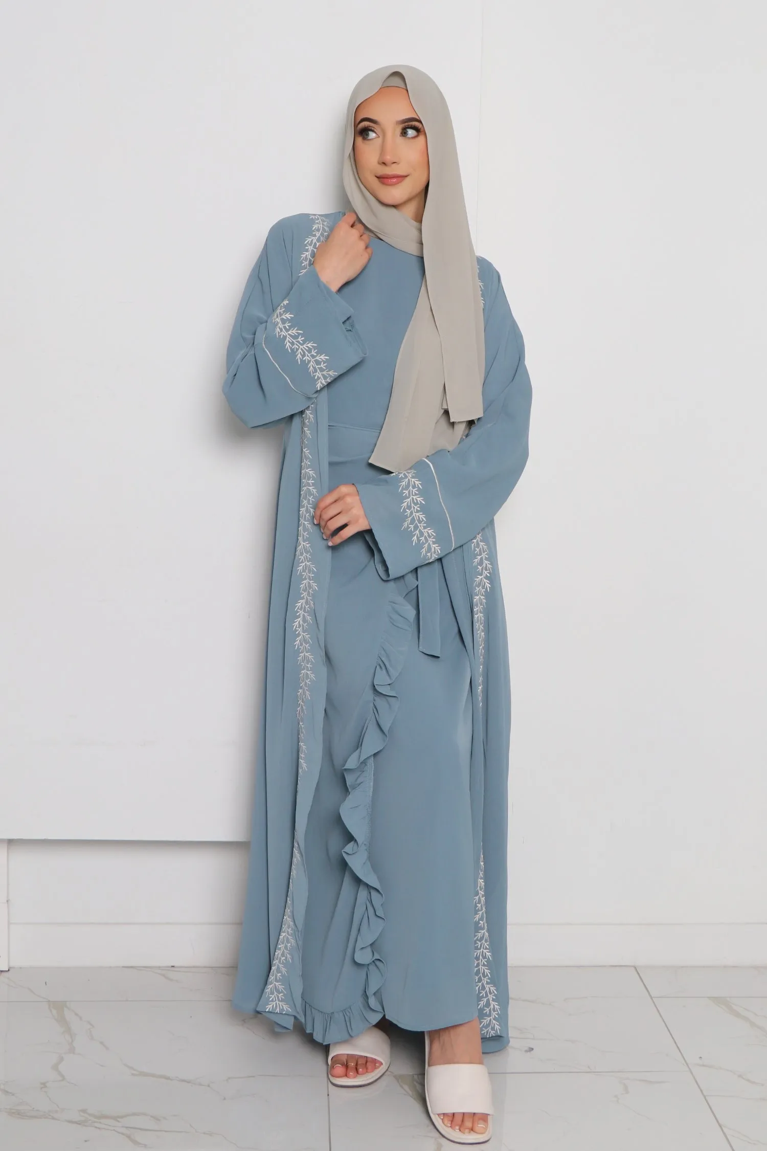 Dina Embroidery Abaya Set- Dusty Blue