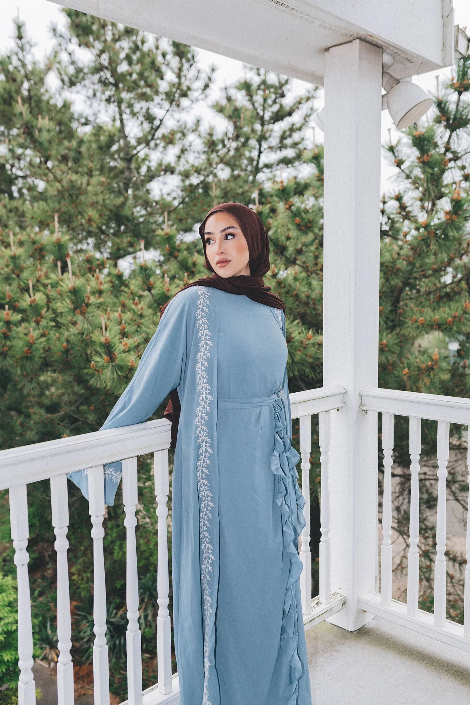 Dina Embroidery Abaya Set- Dusty Blue