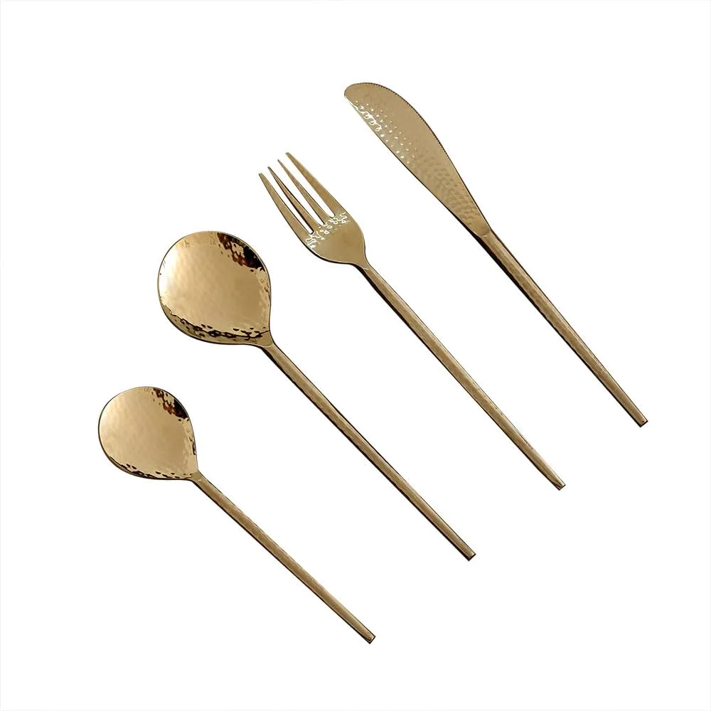 Ellementry Norah Gold Hammered Cutlery Set of 4 | Stainless Steel Set | Food Grade Silverware for Home & Kitchen | Dishwasher Safe | Cutlery Set for Dining Table | Spoon/Fork/Knife Set (Pack of 2)