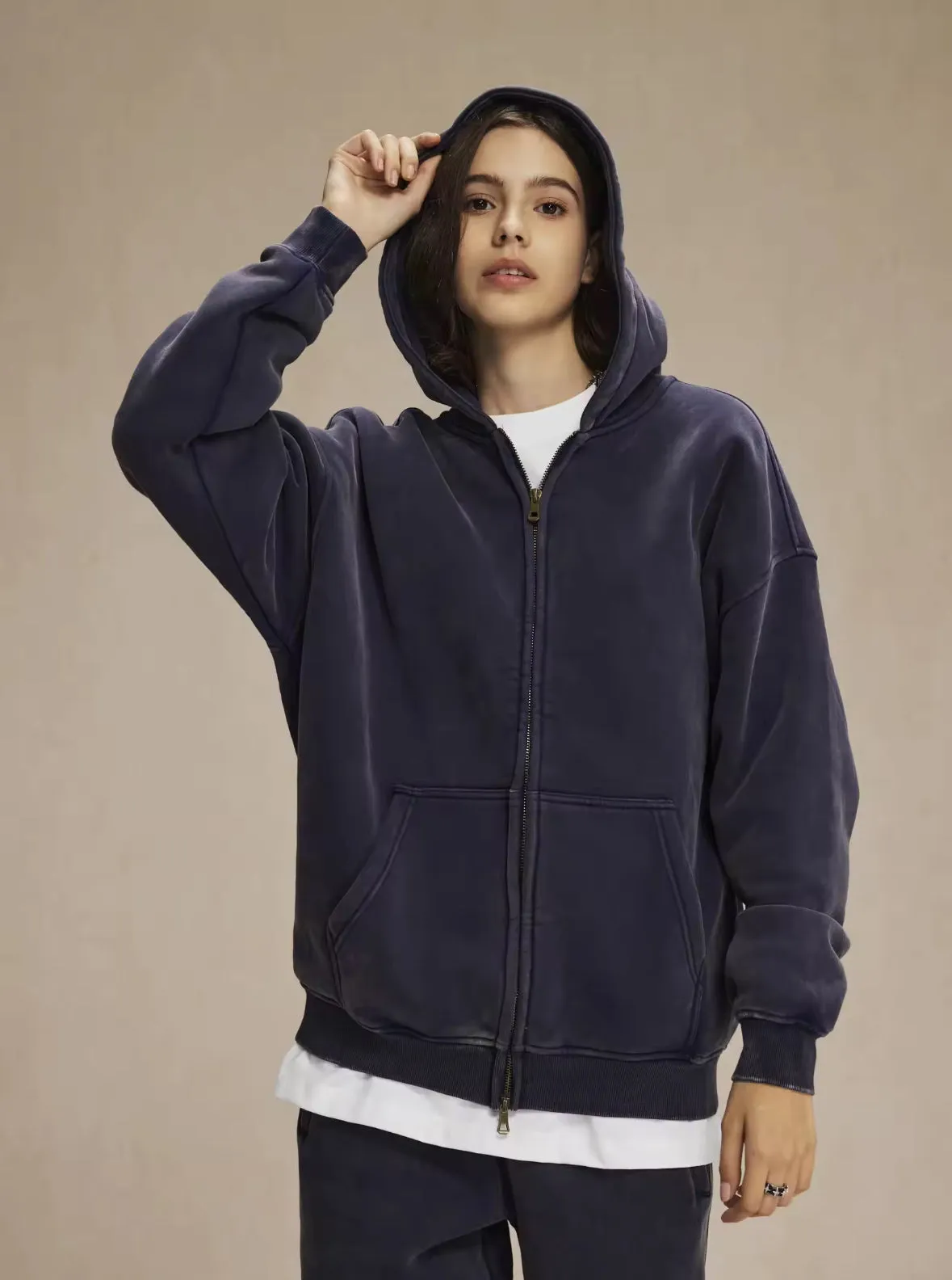 Faded Navy Blue Double Zip Up Hoodie