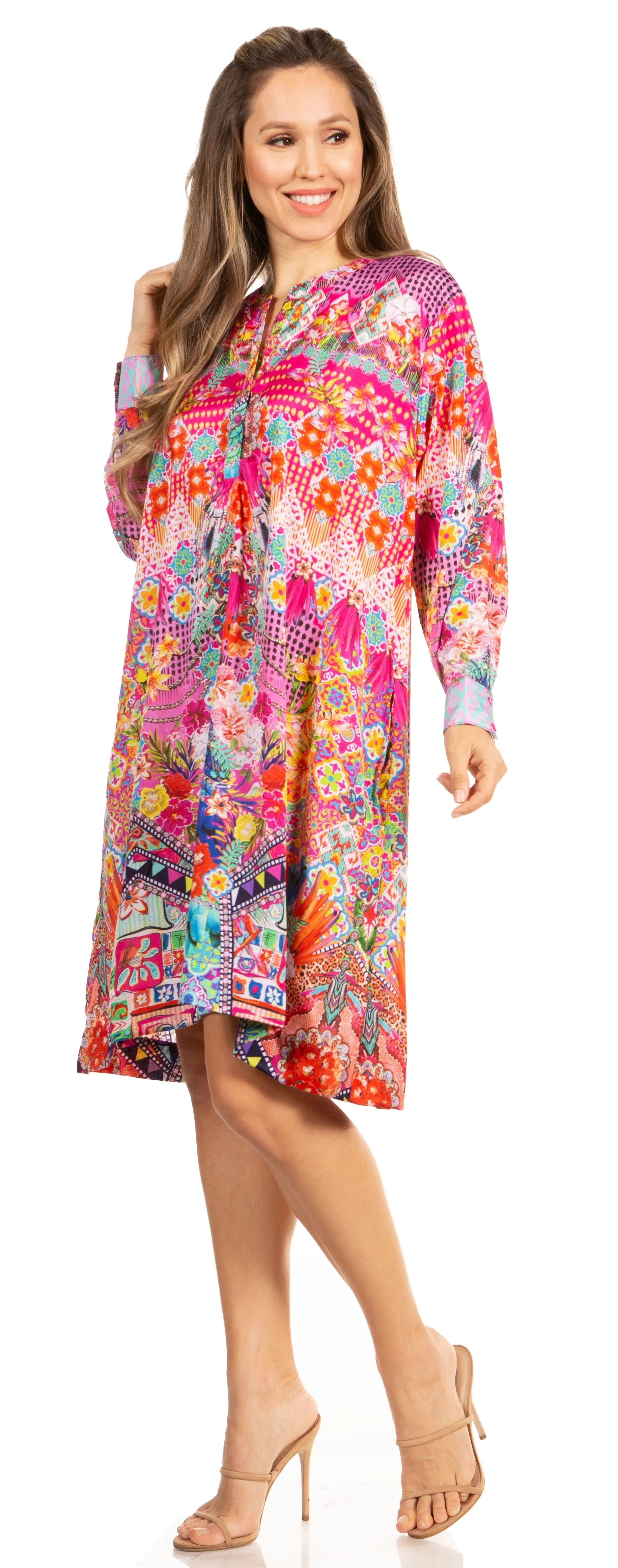 Floral Print Women's Long Sleeve Tunic Dress with Pockets - Sakkas Eloisa