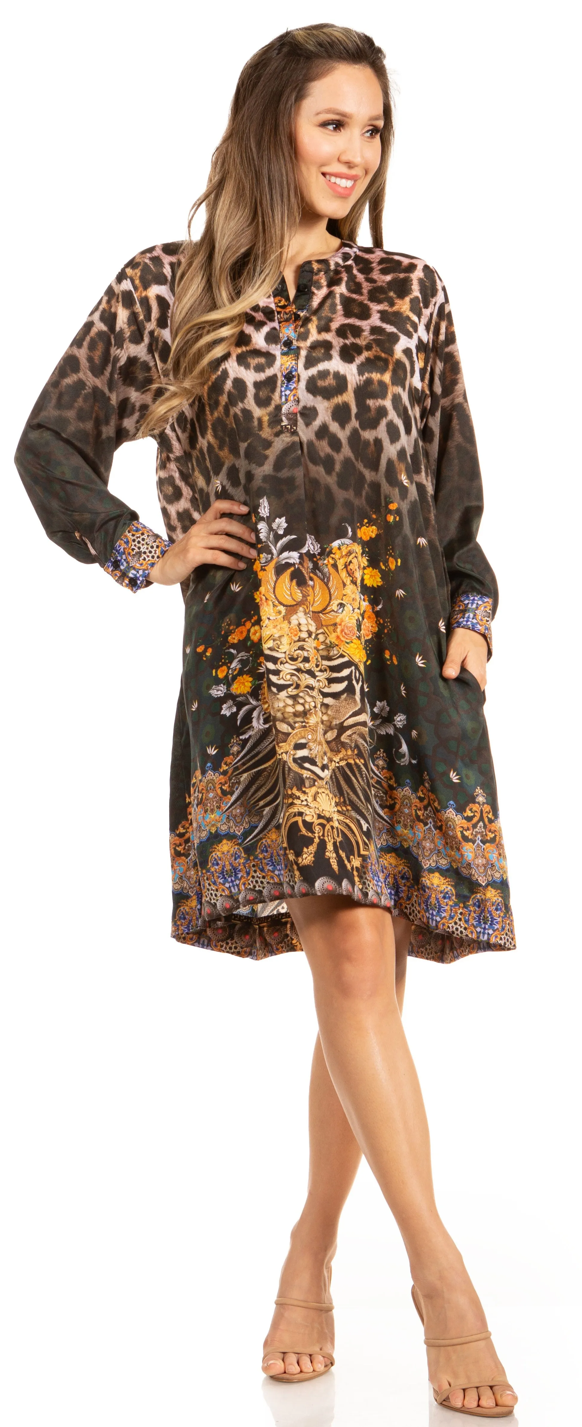 Floral Print Women's Long Sleeve Tunic Dress with Pockets - Sakkas Eloisa