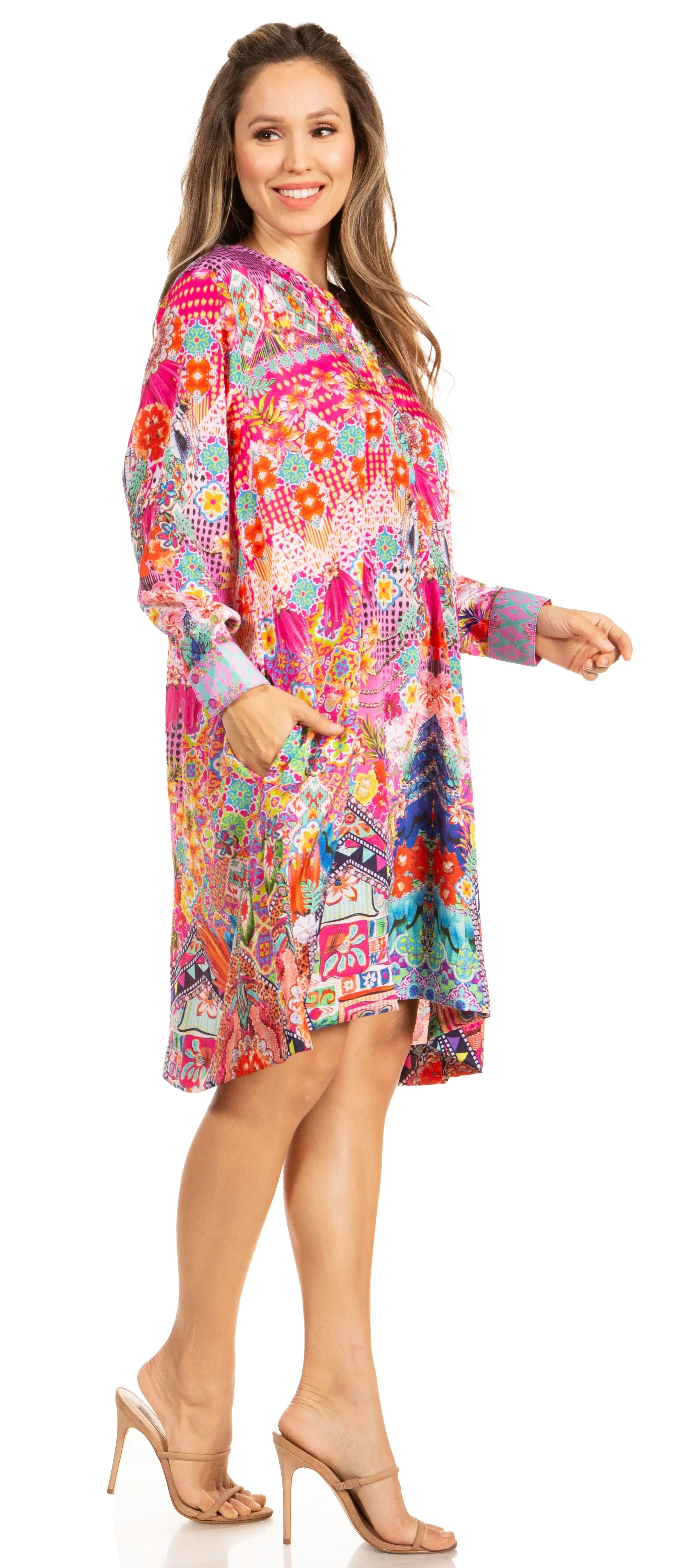 Floral Print Women's Long Sleeve Tunic Dress with Pockets - Sakkas Eloisa