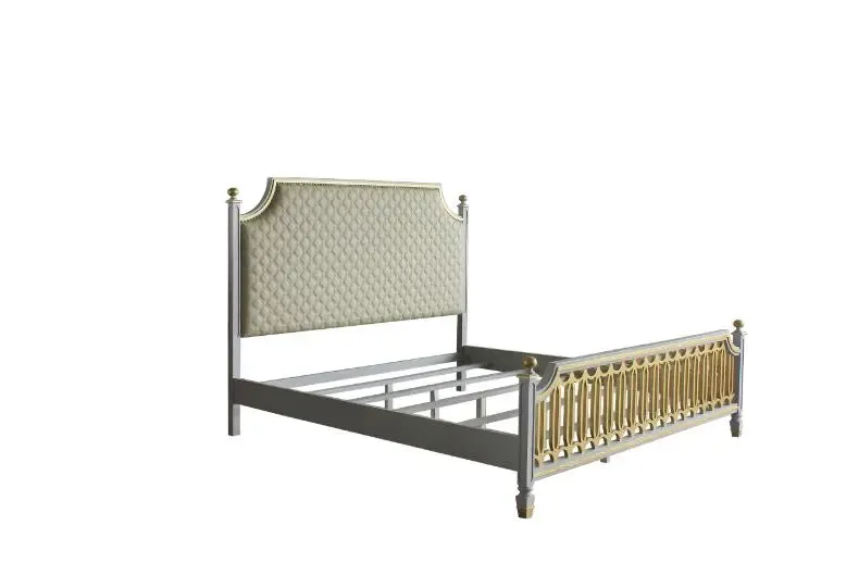 Florence King Bed, Beige Faux Leather & Pearl Gray Finish