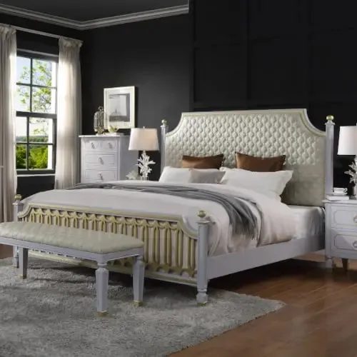 Florence King Bed, Beige Faux Leather & Pearl Gray Finish