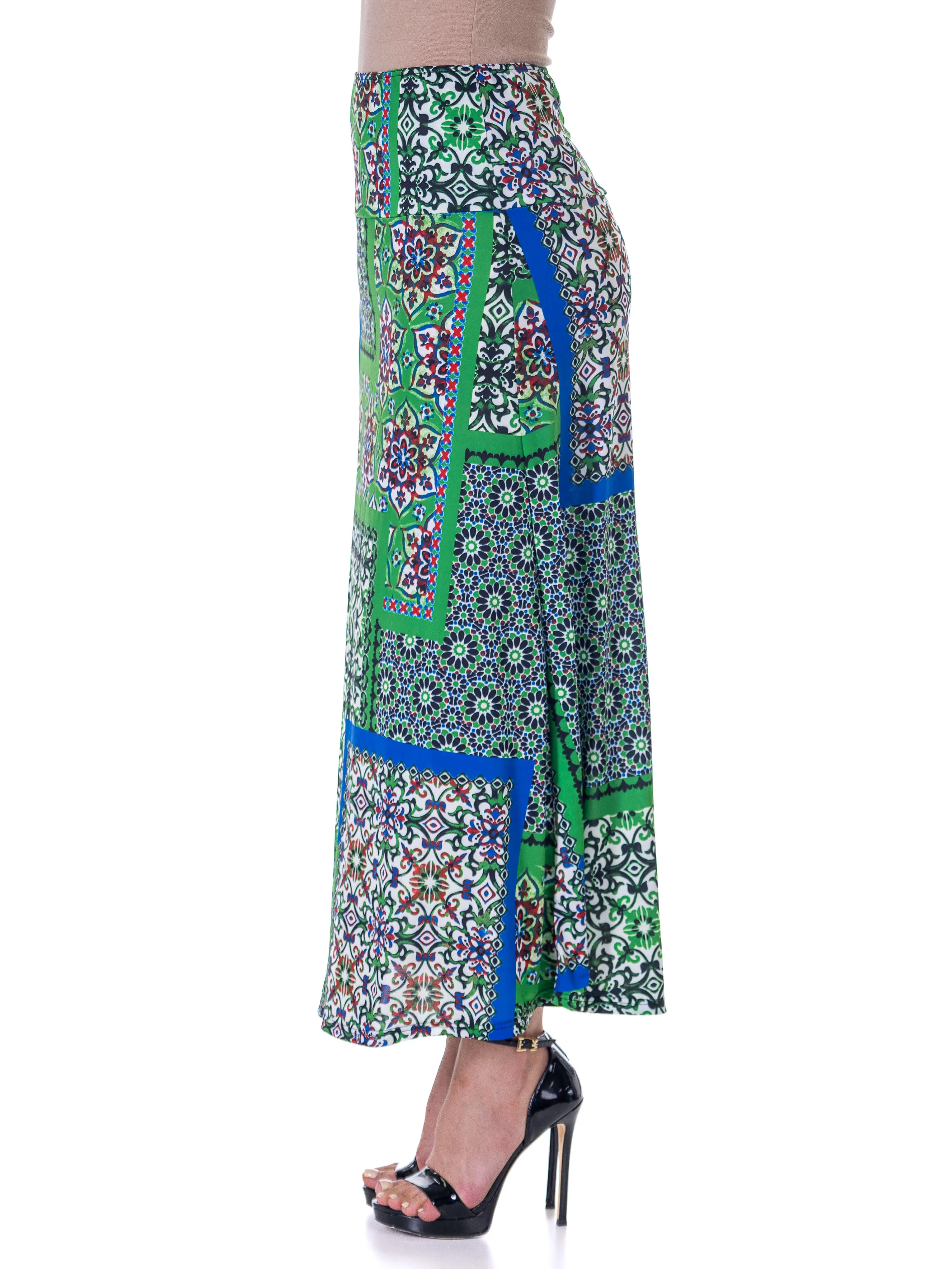 Green Scarf Print Elastic Waist Ankle Length Comfortable Maxi Skirt