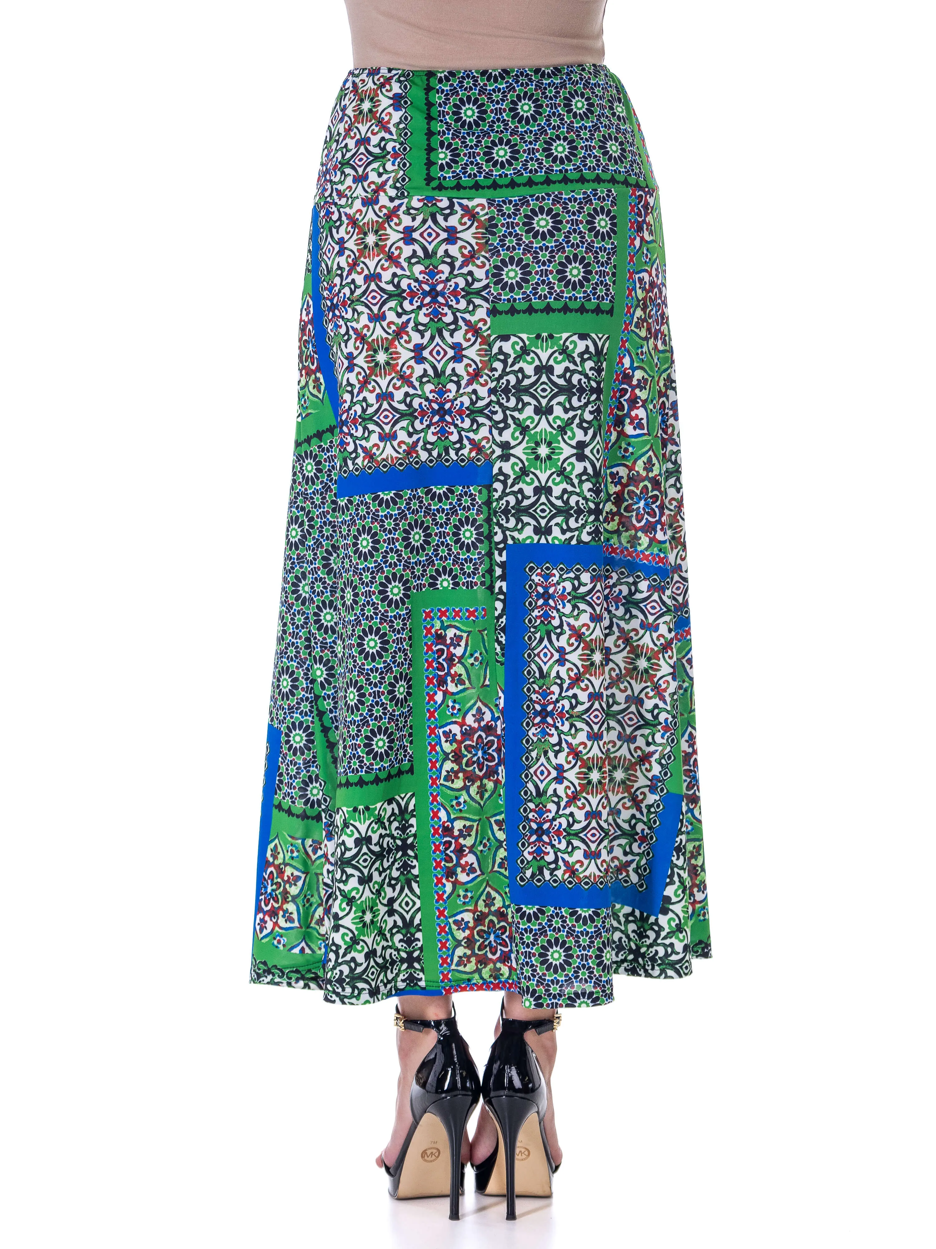 Green Scarf Print Elastic Waist Ankle Length Comfortable Maxi Skirt