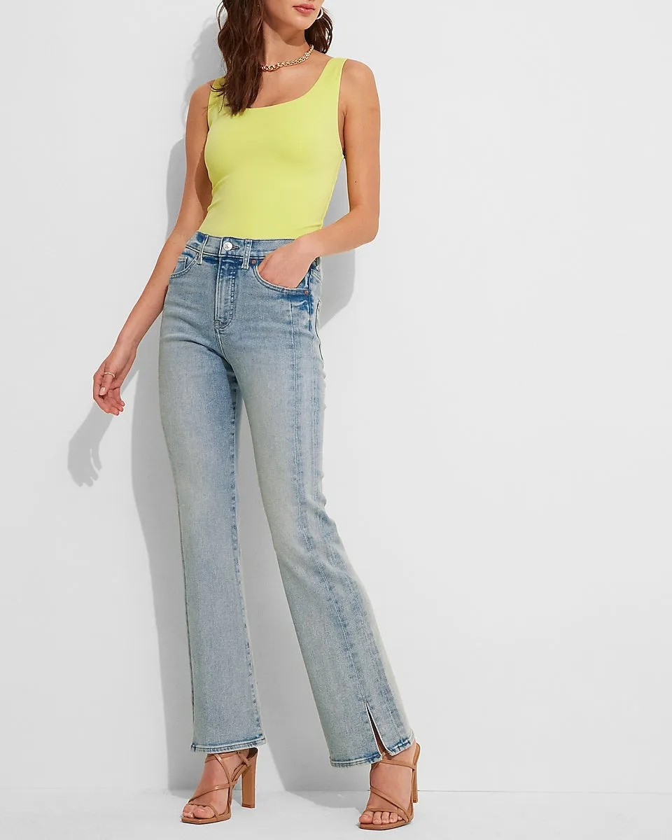 High Waisted Light Wash Vented Hem Bootcut Jeans in Light Wash